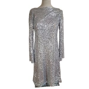 Lauren Ralph Evening Silver Sequin Bell Sleeve Dress Size 10